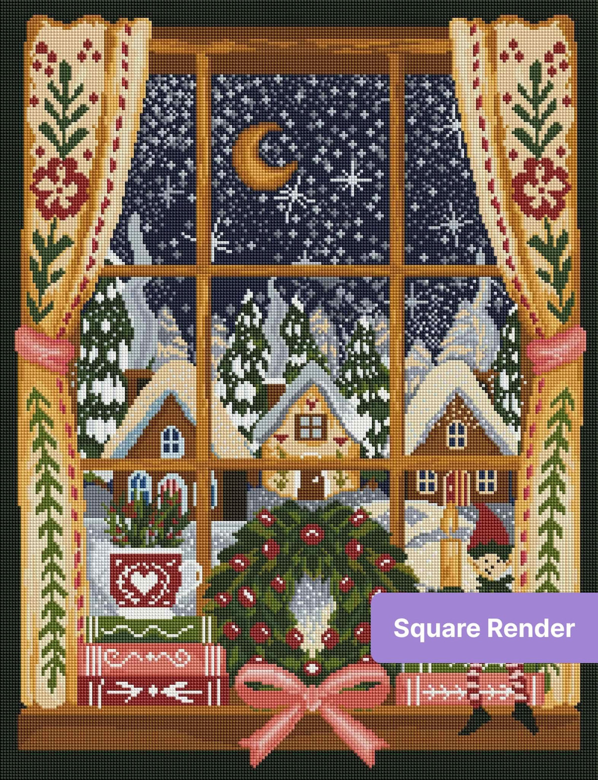 Festive winter window scene with snowy village, wreath, candles, and holiday elf in folk-art style