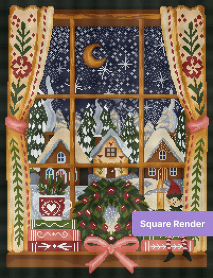 Festive winter window scene with snowy village, wreath, candles, and holiday elf in folk-art style
