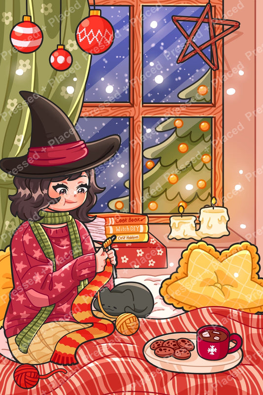 Cozy witch in a winter room with Christmas decor, candles, and snowy window scene