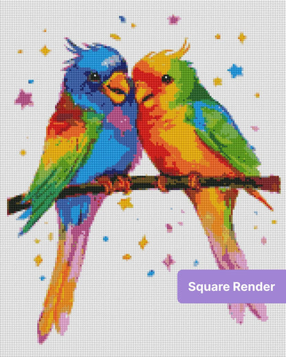 Two rainbow parrots perched on a branch in a whimsical watercolor style