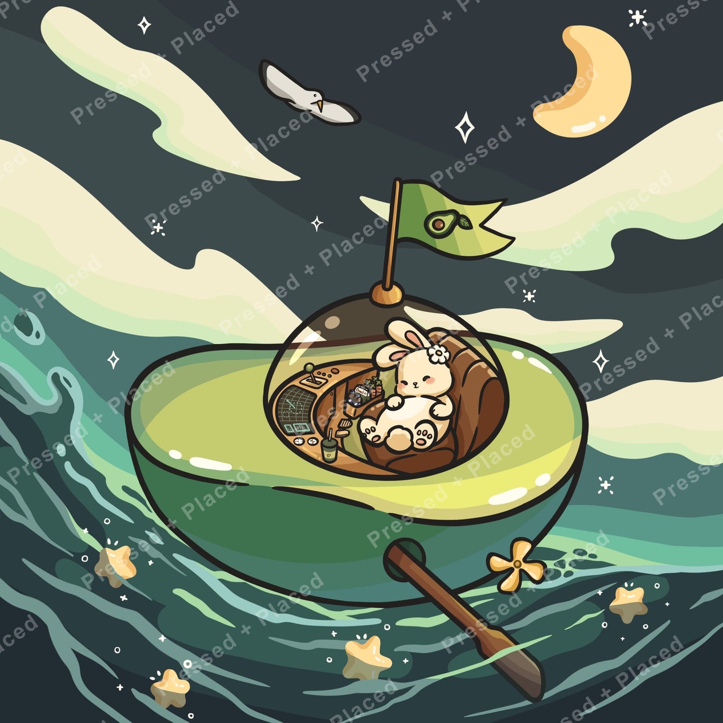 Cute bunny in a green space capsule with stars, moon, and flowing cosmic waves