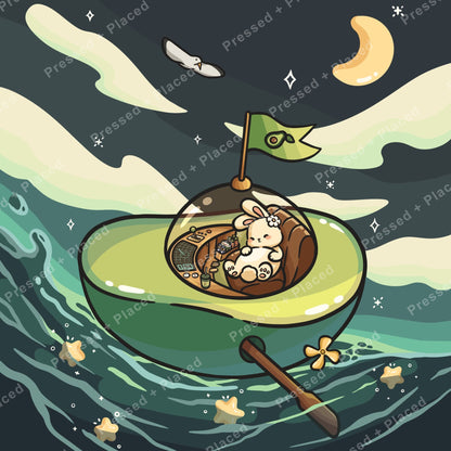 Cute bunny in a green space capsule with stars, moon, and flowing cosmic waves