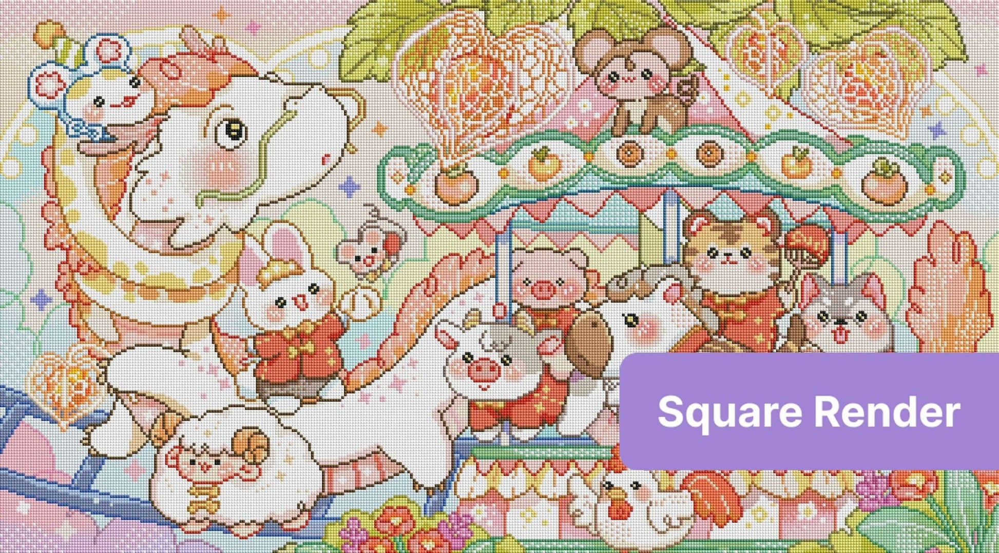 Cute kawaii animal carousel with pastel fantasy characters and heart details
