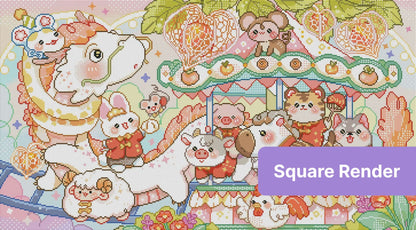 Cute kawaii animal carousel with pastel fantasy characters and heart details