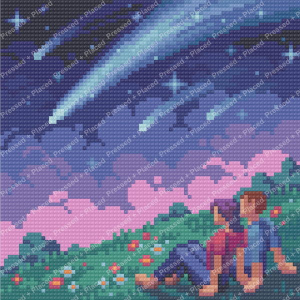 Pixel-style diamond painting landscape with starry sky, pastel fields, and colorful flowers