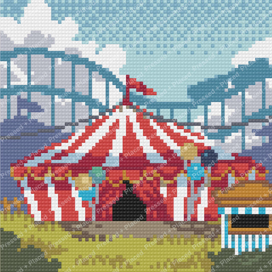 Colorful circus big top with fairground booths and a bright sky in diamond art style