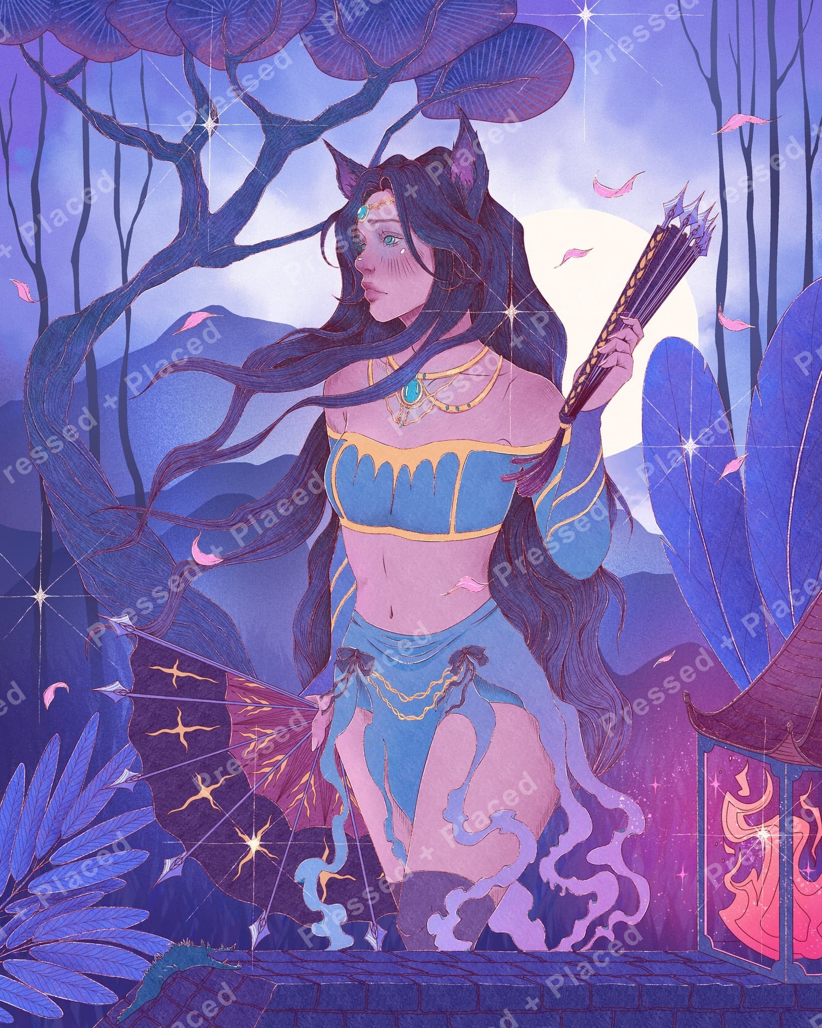 Fantasy cat girl with long flowing hair, moonlit trees, and drifting petals in blue-purple tones