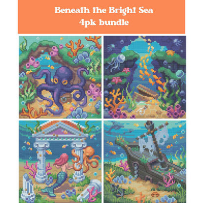 Four ocean-themed diamond painting scenes with octopus, shipwreck, and underwater ruins