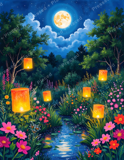 Moonlit garden landscape with glowing lanterns, bright wildflowers, and a full moon over a stream
