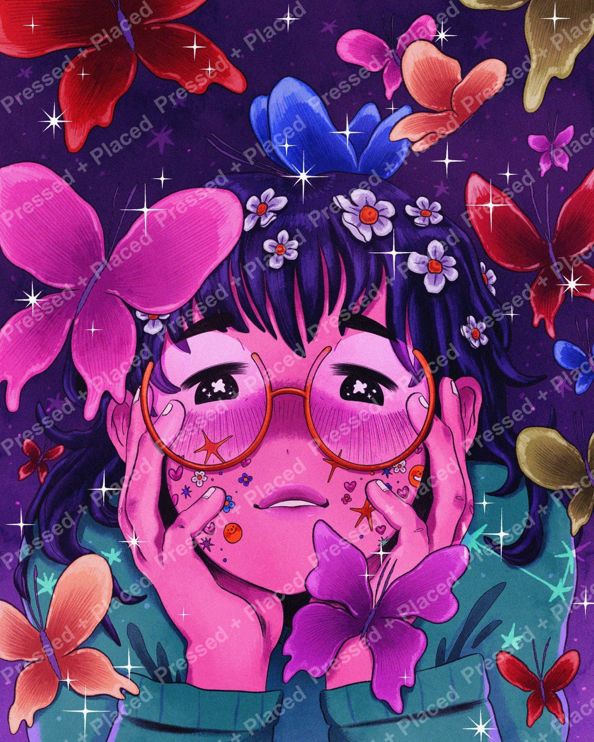 Fantasy butterfly girl portrait with flowers, sparkles, and vivid purple tones