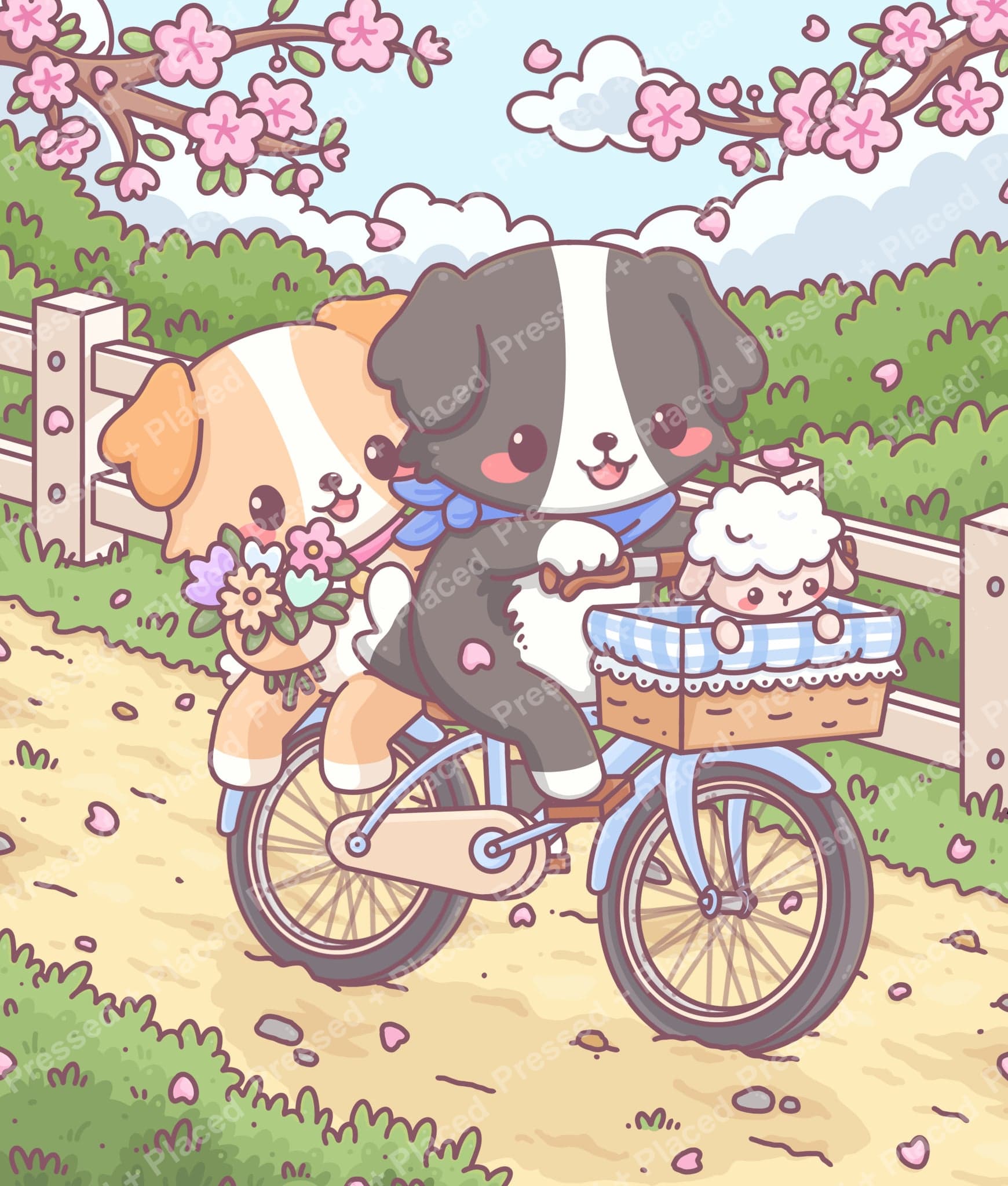 Cute cartoon puppies riding a bicycle under cherry blossoms in a pastel garden scene