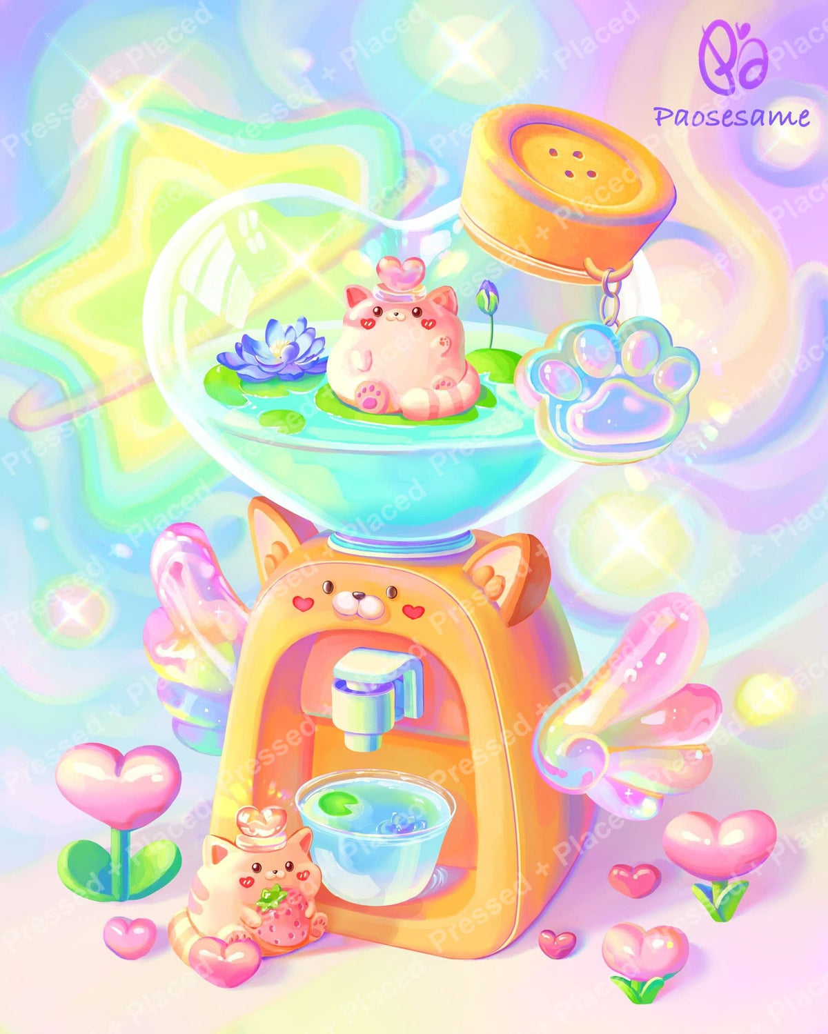 Cute pastel cat-themed diamond painting art with hearts, flowers, and rainbow colors