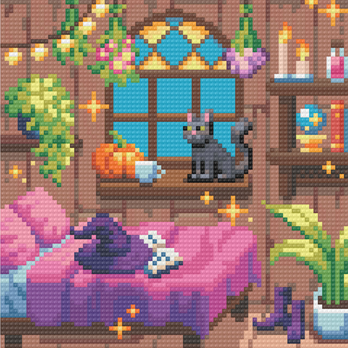 Whimsical witch room diamond art scenes with potion bottles, books, candles, and cozy fantasy decor