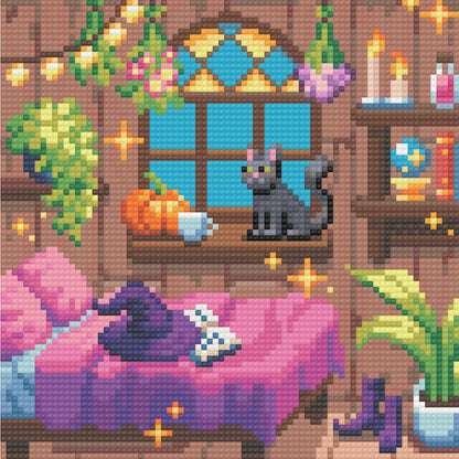 Whimsical witch room diamond art scenes with potion bottles, books, candles, and cozy fantasy decor