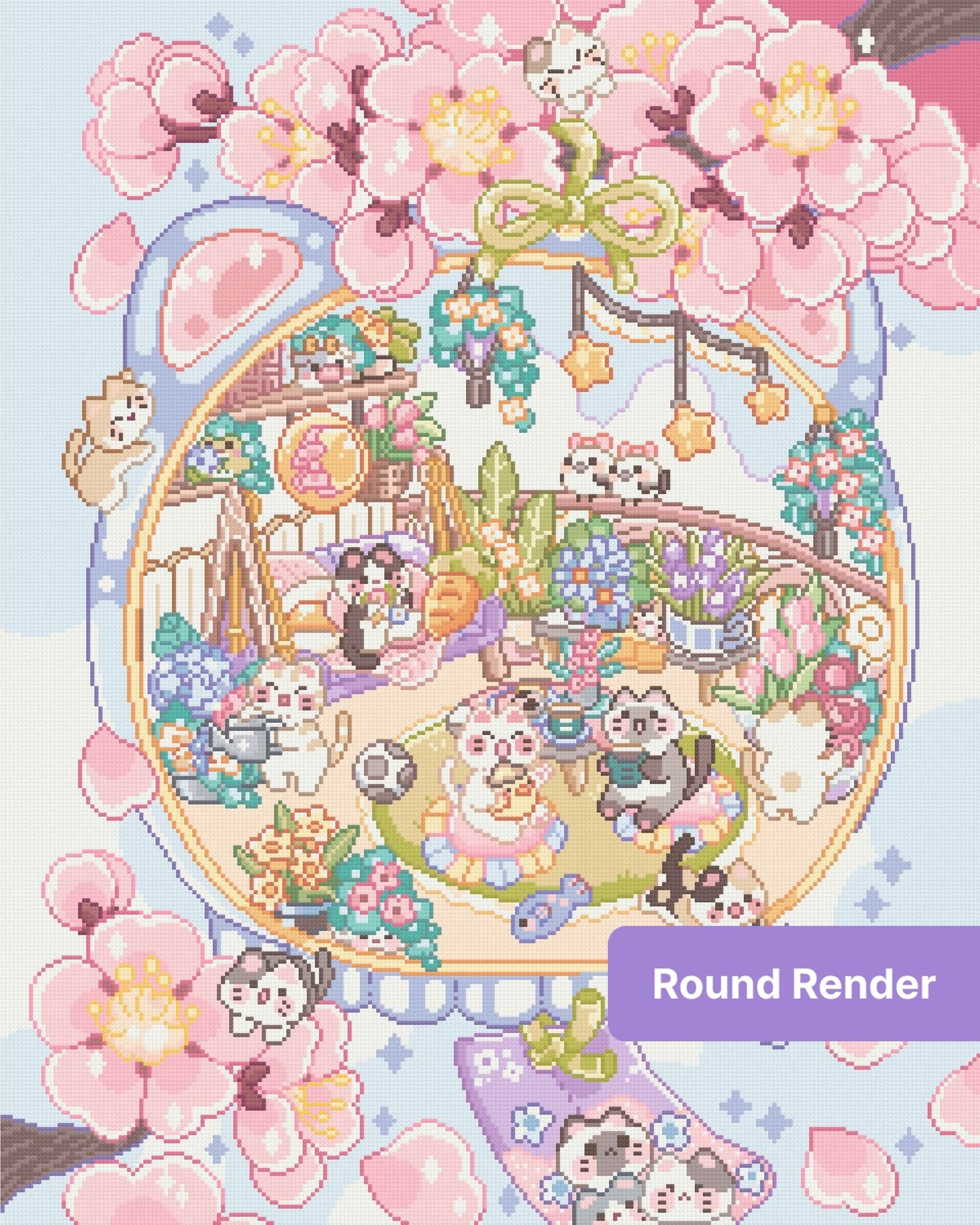Kawaii cats in a pastel cherry blossom garden with flowers and cozy decor