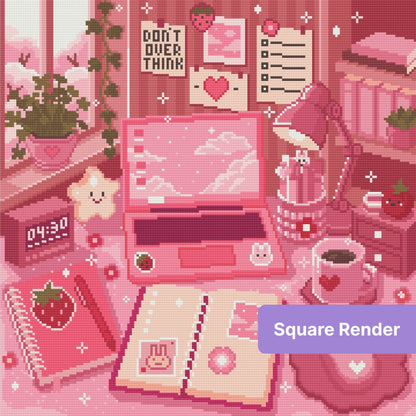 Pink kawaii desk scene with computer, notebooks, hearts, strawberries, and pastel decor