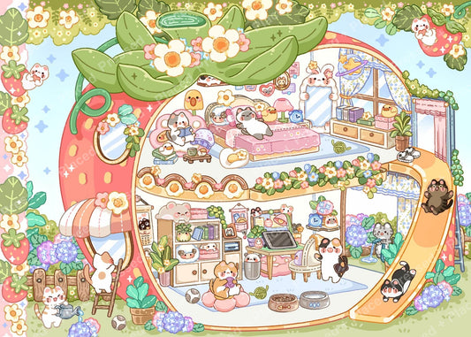Pastel strawberry cat house with adorable animals, flowers, and cozy fantasy room details