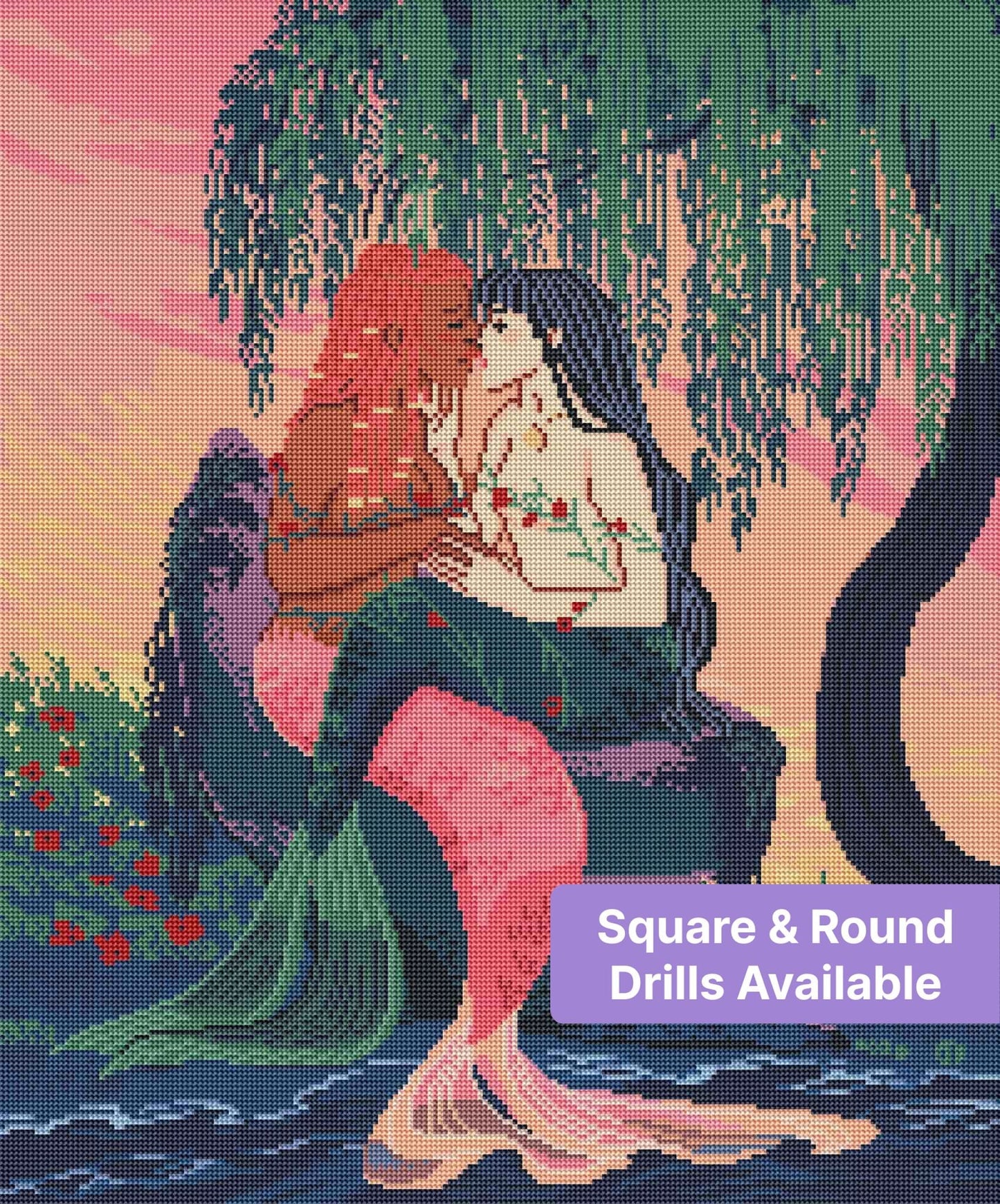 Two mermaids kissing beneath a willow tree in a romantic fantasy scene