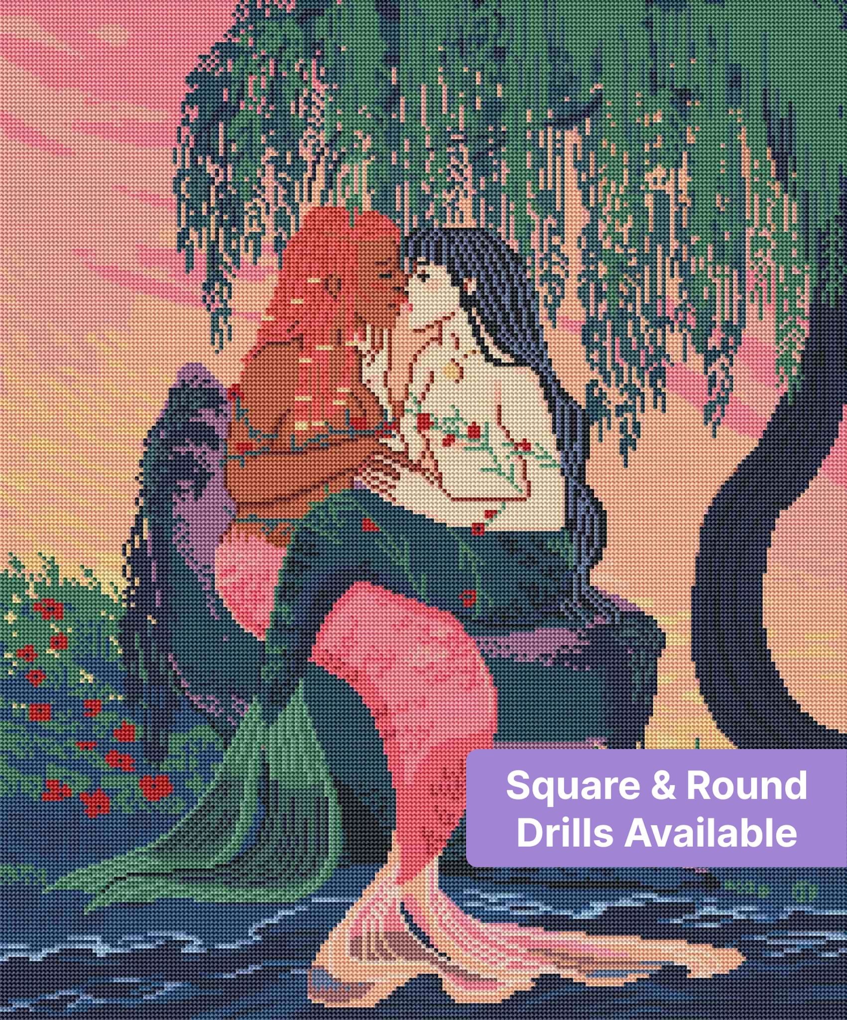 Two mermaids kissing beneath a willow tree in a romantic fantasy scene