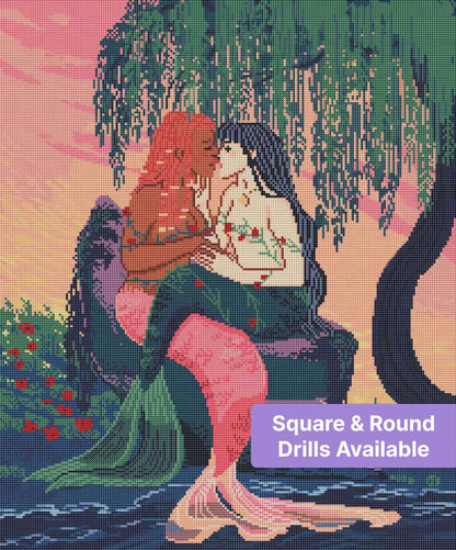 Two mermaids kissing beneath a willow tree in a romantic fantasy scene