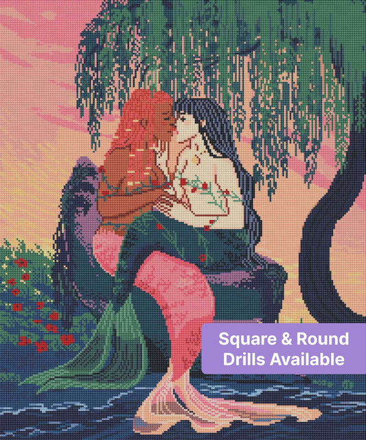 Two mermaids kissing beneath a willow tree in a romantic fantasy scene