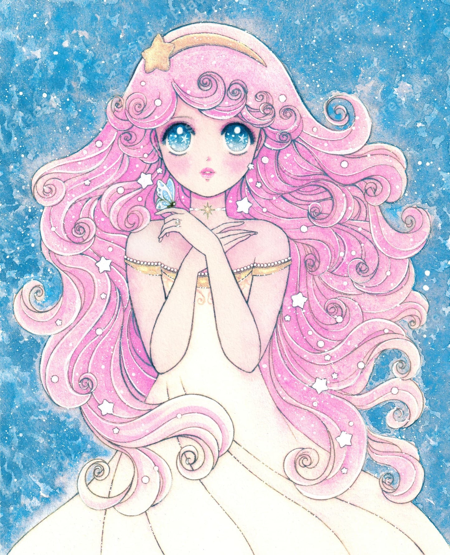 Anime-style pink-haired fairy princess with starry eyes on a blue magical background