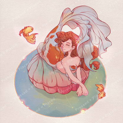 Mermaid girl with flowing fins and goldfish in soft pastel fantasy style