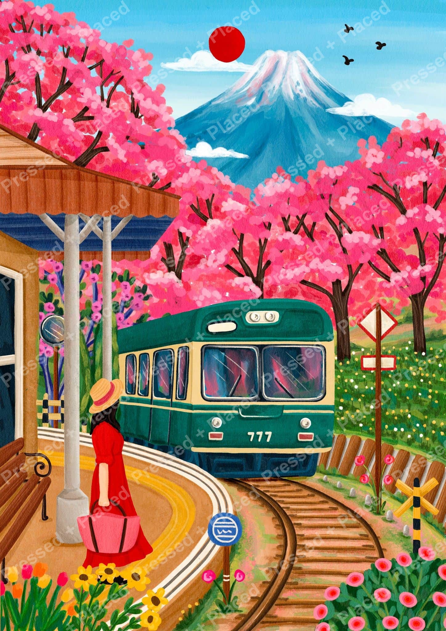 Cherry blossom train station landscape with mountain, vibrant pink trees, and vintage teal train