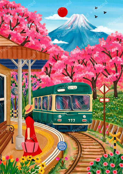 Cherry blossom train station landscape with mountain, vibrant pink trees, and vintage teal train