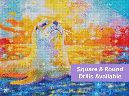 Colorful seal illustration with rainbow ocean tones and a dreamy sunset sky