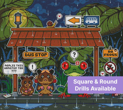 Pixel art jungle bus stop scene with frogs, animals, and rainy tropical signs