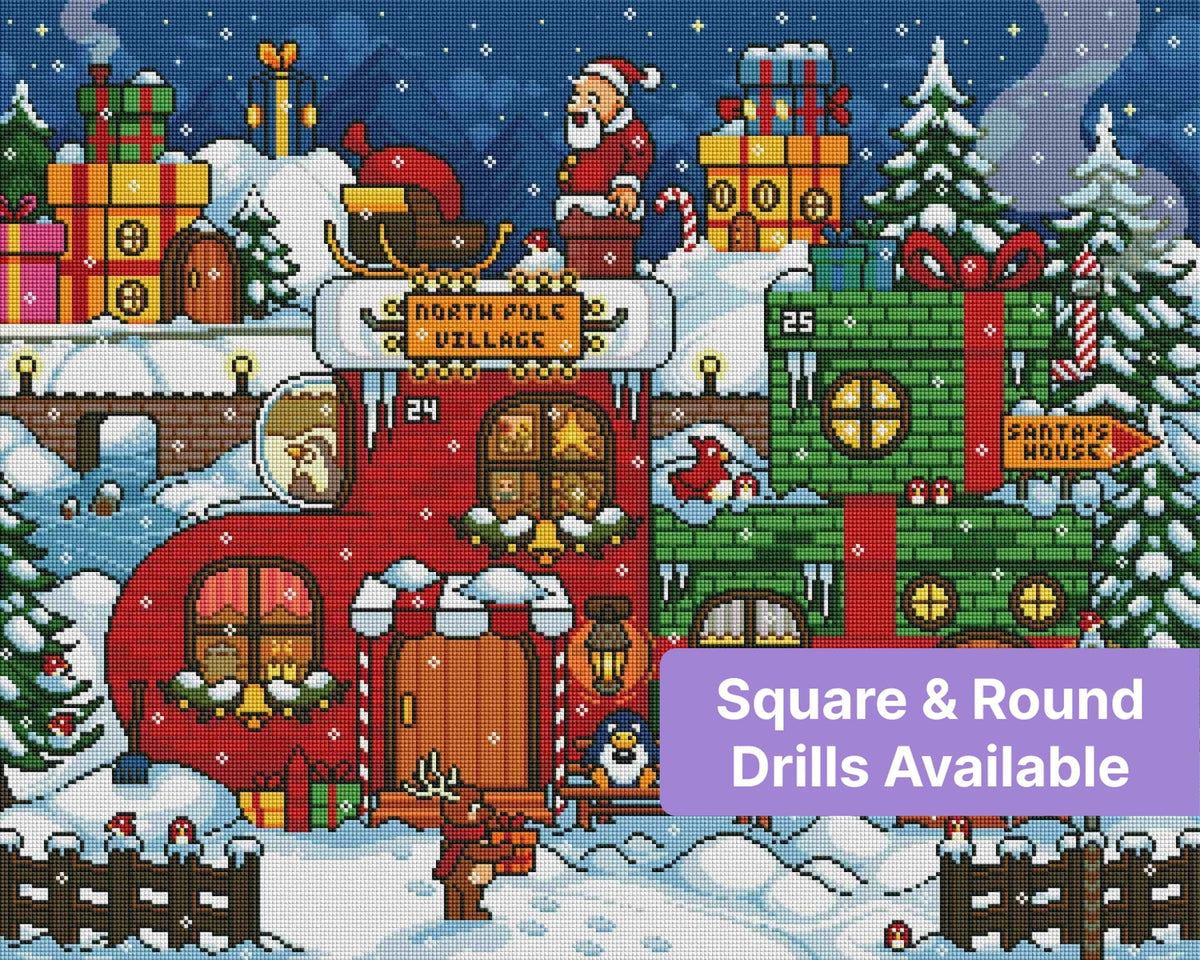 Pixel-style Christmas village with Santa, gifts, snowy houses, and festive North Pole scenery