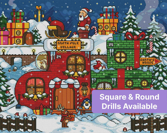 Pixel-style Christmas village with Santa, gifts, snowy houses, and festive North Pole scenery