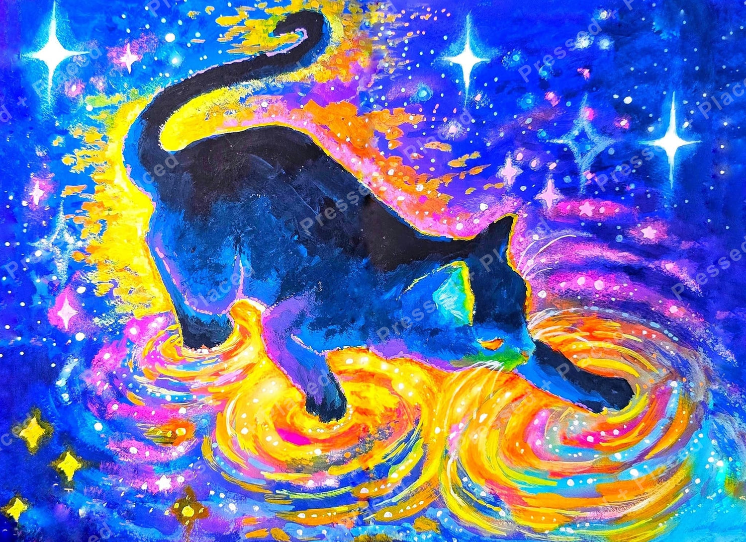 Black cat in a colorful cosmic fantasy scene with swirling stars and bright galaxy hues
