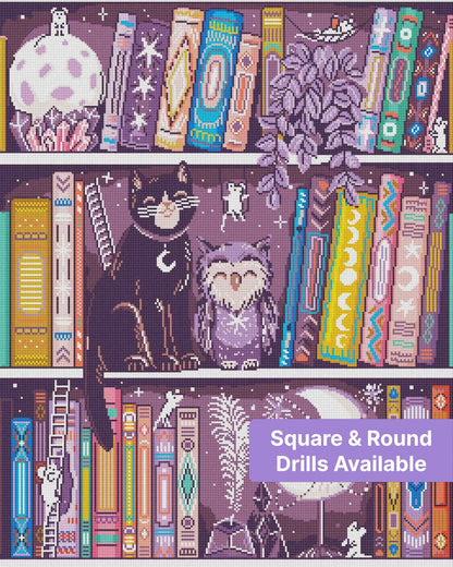Whimsical cat and owl bookshelf scene with moons, books, crystals, and boho-style details