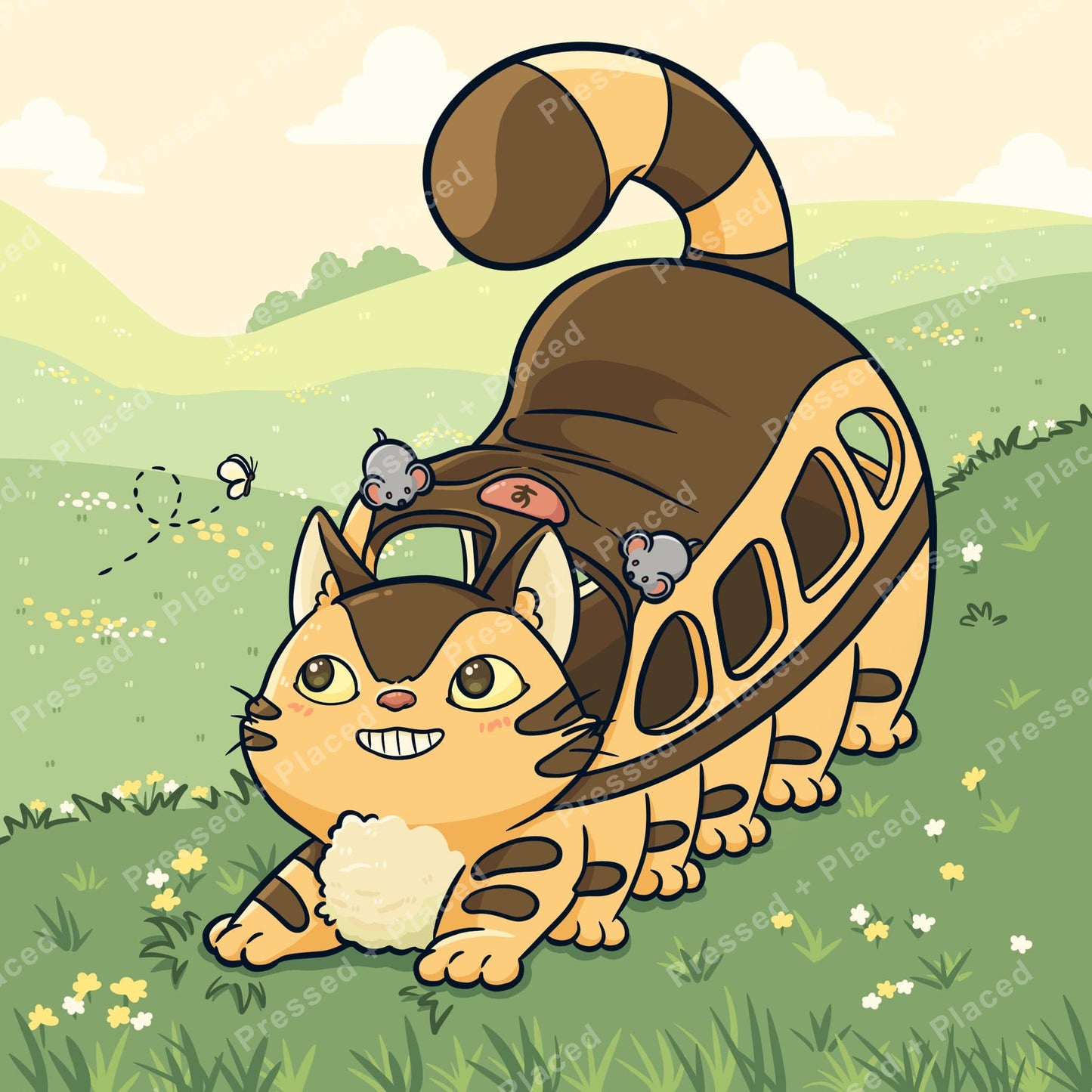 Cartoon cat with fluffy tail in a green meadow, playful animal diamond art style
