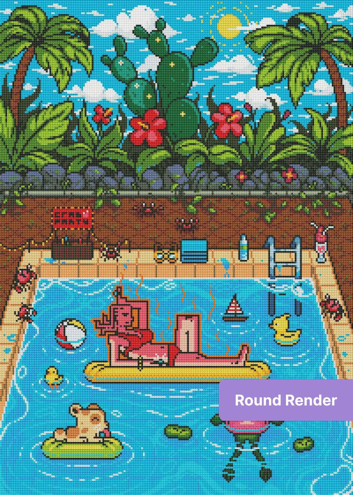 Pixel-art tropical pool scene with palm trees, cactus, floaties, and a sunny sky
