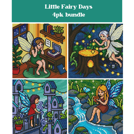 Four whimsical fairy-themed diamond art panels with colorful fantasy scenes and magical details