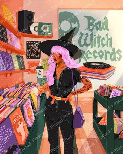Boho witch in a record shop surrounded by colorful vinyl and posters