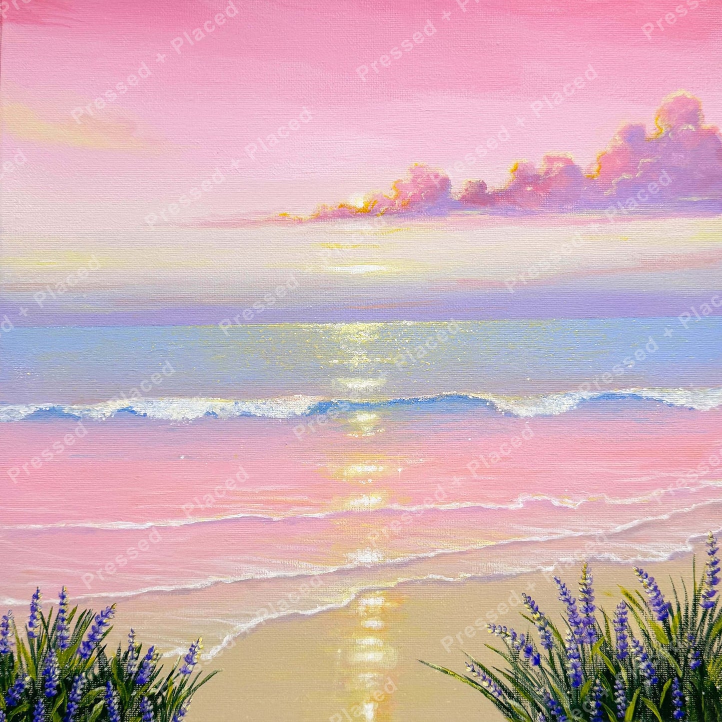 Pastel pink sunset beach scene with shimmering water and lavender flowers in the foreground