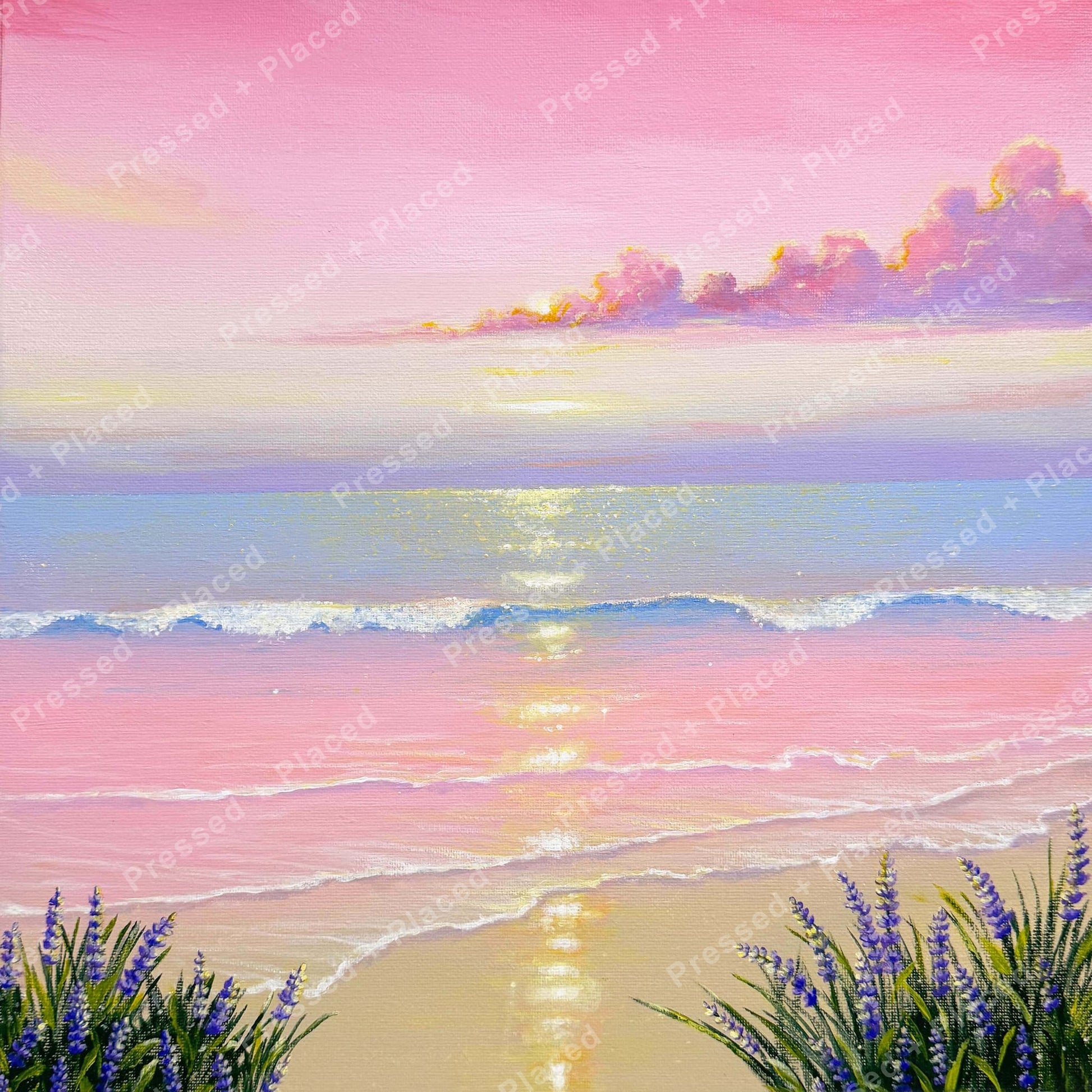 Pastel pink sunset beach scene with shimmering water and lavender flowers in the foreground
