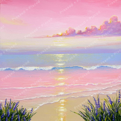Pastel pink sunset beach scene with shimmering water and lavender flowers in the foreground