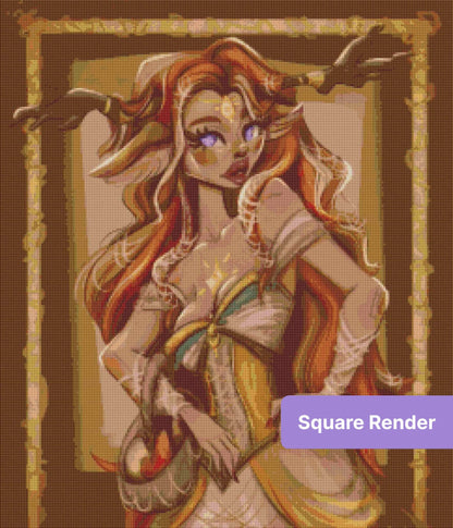 Fantasy deer woman portrait with glowing eyes, flowing red hair, and antler-like branches