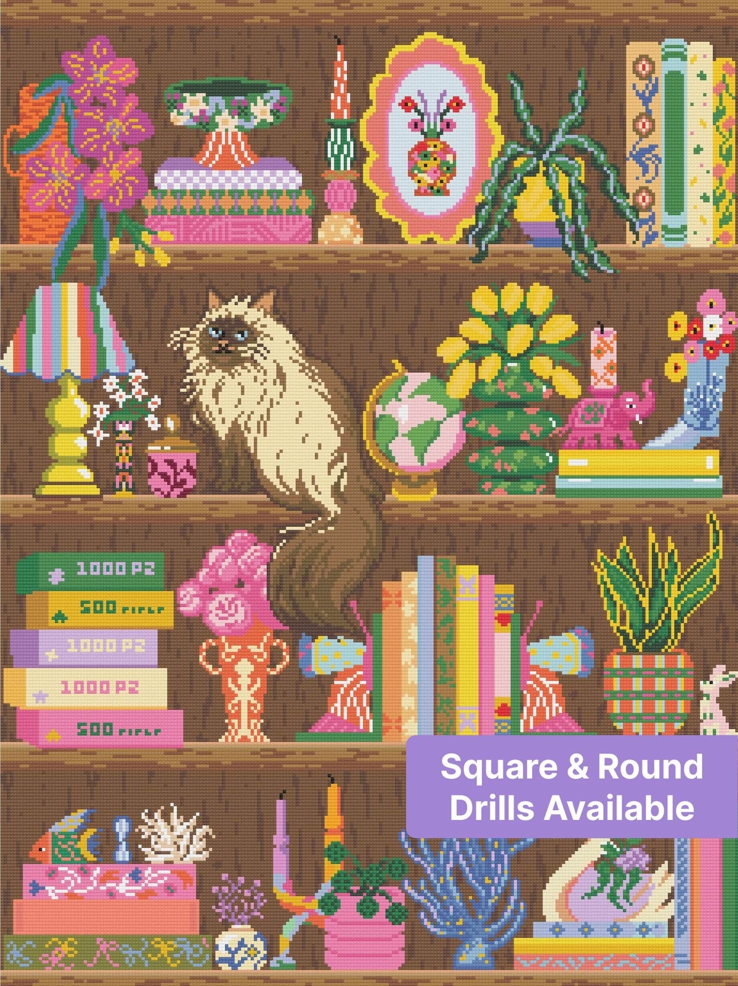 Whimsical bookshelf scene with fluffy cat, colorful books, flowers, and decorative vases