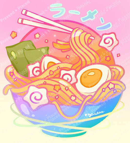 Whimsical rainbow ramen bowl diamond painting with chopsticks and playful pastel swirls
