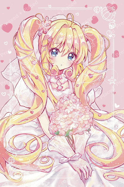 Cute anime girl with blonde twin tails, pastel flowers, and soft pink heart accents