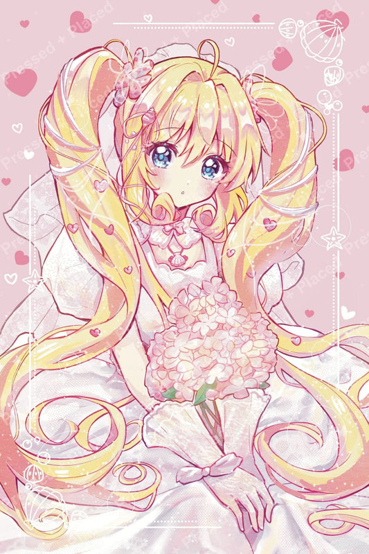 Cute anime girl with blonde twin tails, pastel flowers, and soft pink heart accents