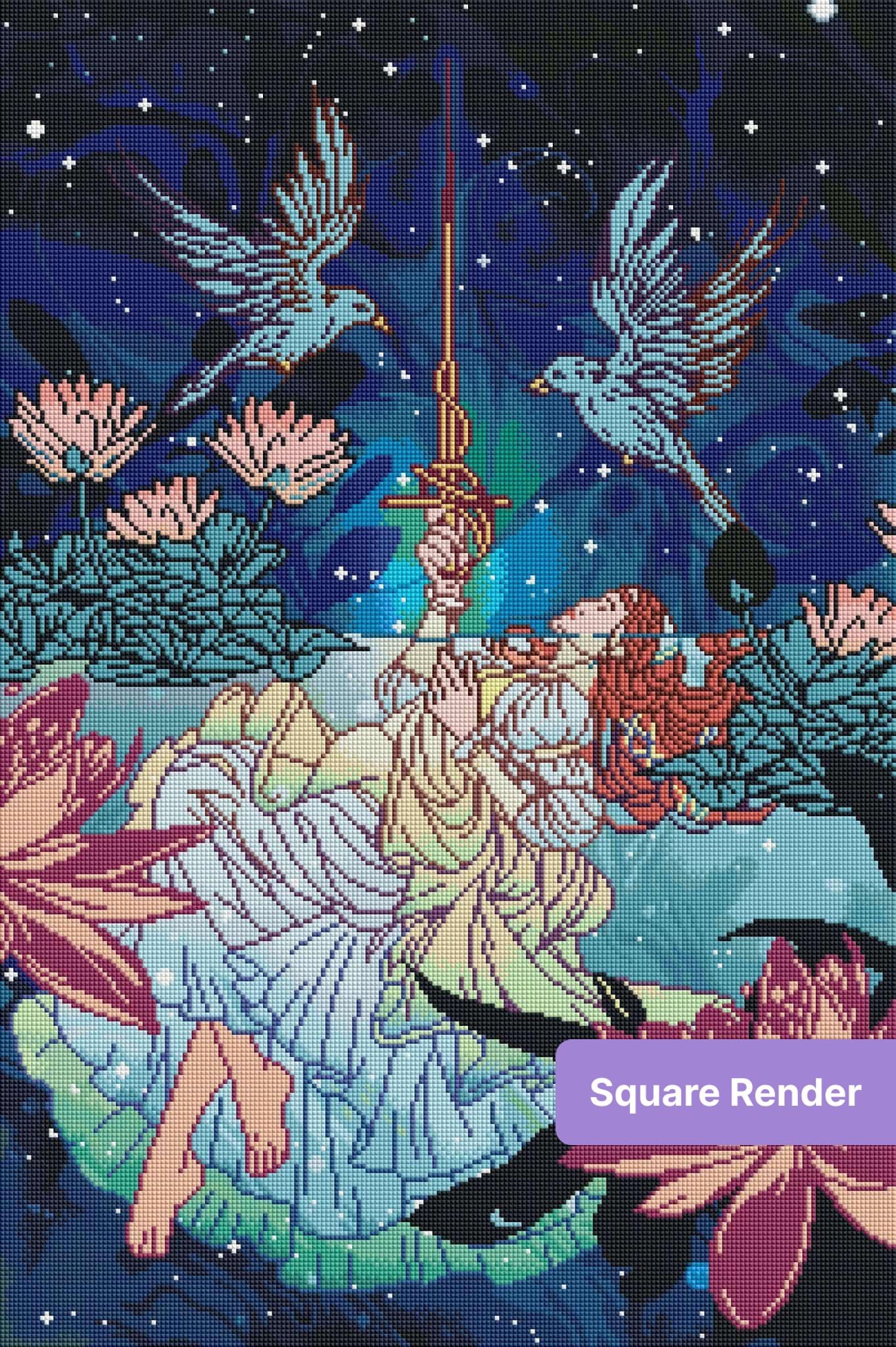 Fantasy girl resting among lotus flowers with birds and a starry blue sky