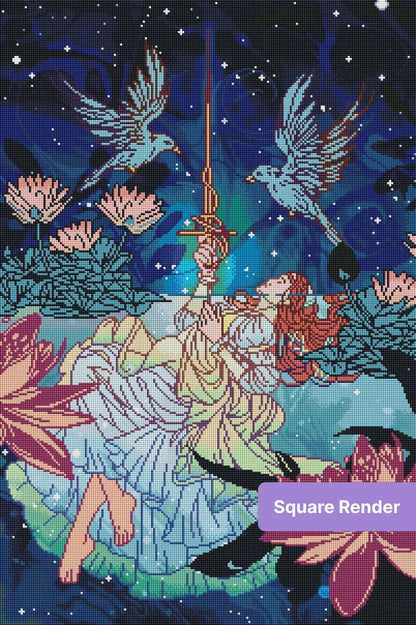 Fantasy girl resting among lotus flowers with birds and a starry blue sky