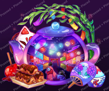Anime-style fantasy tea party with glowing teapot, lanterns, and colorful dessert details